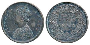 Victoria Queen, Silver ½ Rupee, 1862, Calcutta Mint, A / I, (Prid 255). Nice deep blue ton