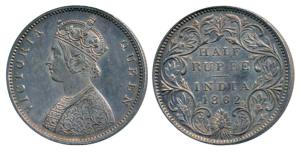 Victoria Queen, Silver ½ Rupee, 1862, Bombay Mint, B1/ II, Round pearls in the crown, (Pri
