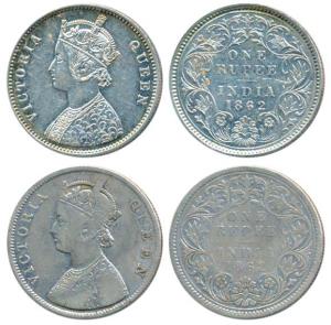 Victoria Queen, Silver Rupee (2), 1862, Calcutta Mint, A / III, without Crescent, (Prid 65
