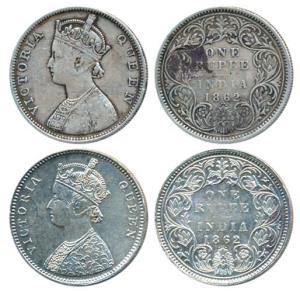 Victoria Queen, Silver Rupee (2), 1862, Bombay Mint, A / I / 0 / 4, (Prid 78); B / I / 0 /