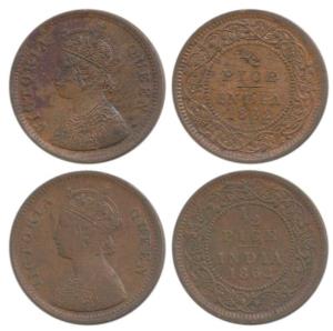 Victoria Queen, Copper ½ Pice (2), 1862, Calcutta Mint, A tiny ’v’ in relief in centre of 