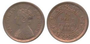 Victoria Empress, Copper ½ Pice, 1885, Calcutta Mint, (Prid 717). About Extremely Fine, Sc