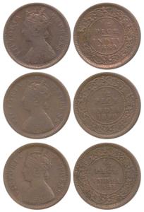 Victoria Empress, Copper ½ Pice (3), 1889, Calcutta Mint, (Prid 721); 1890, Calcutta Mint,
