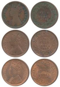 Victoria Empress, Copper ½ Pice (3), 1892, Calcutta Mint, (Prid 725); 1893, Calcutta Mint,
