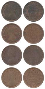 Victoria Empress, Copper ½ Pice (4), 1898, Calcutta Mint, (Prid 731); 1899, Calcutta Mint,