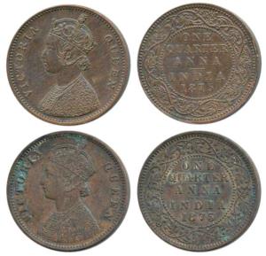 Victoria Queen, Copper ¼ Anna (2), 1875, Calcutta Mint, (Prid 609); Bombay Mint, (Prid 635