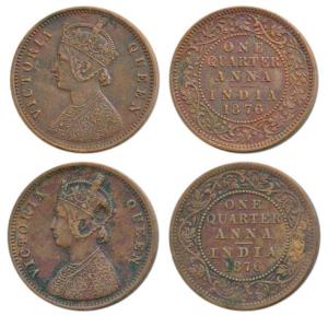 Victoria Queen, Copper ¼ Anna (2), 1876, Calcutta Mint, (Prid 610); Bombay Mint, (Prid 636