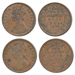 Victoria Empress, Copper ¼ Anna (2), 1877, Calcutta Mint, (Prid 611); Bombay Mint, (Prid 6