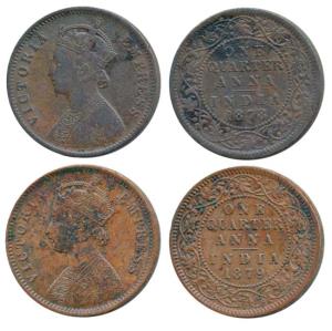 Victoria Empress, Copper ¼ Anna (2), 1878, Calcutta Mint, (Prid 612); 1879, Calcutta Mint,