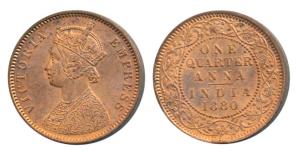 Victoria Empress, Copper ¼ Anna, 1880, Calcutta Mint, C below date on centre bead, (Prid 6