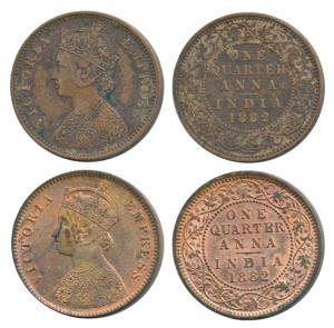 Victoria Empress, Copper ¼ Anna (2), 1882, Calcutta Mint, C below date on centre bead, (Pr