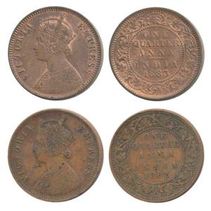Victoria Empress, Copper ¼ Anna (2), 1883, Calcutta Mint, C below date on centre bead, (Pr