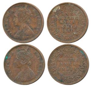 Victoria Empress, Copper ¼ Anna (2), 1884, Calcutta Mint, C below date on centre bead, (Pr