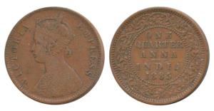 Victoria Empress, Copper ¼ Anna, 1885, Calcutta Mint, C below date on centre bead, (Prid 6
