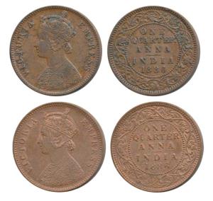 Victoria Empress, Copper ¼ Anna (2), 1886, Calcutta Mint, C below date on centre bead, (Pr