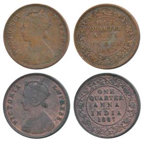 Victoria Empress, Copper ¼ Anna (2), 1887, Calcutta Mint, C below date on centre bead, (Pr