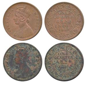 Victoria Empress, Copper ¼ Anna (2), 1888, Calcutta Mint, (Prid 621); Bombay Mint, (Prid 6