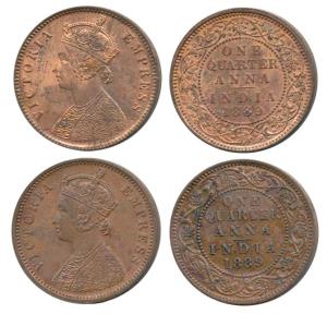 Victoria Empress, Copper ¼ Anna (2), 1889, Calcutta Mint, (Prid 622); Bombay Mint, (Prid 6