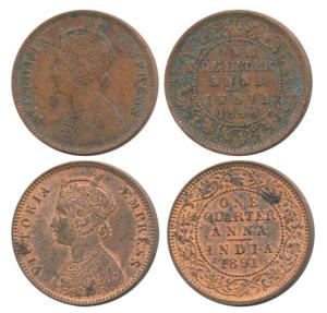 Victoria Empress, Copper ¼ Anna (2), 1890, Calcutta Mint, (Prid 623); 1891, Calcutta Mint,