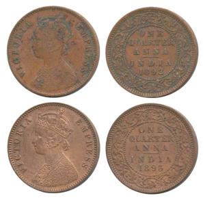 Victoria Empress, Copper ¼ Anna (2), 1892, Calcutta Mint, (Prid 625); 1893, Calcutta Mint,