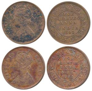 Victoria Empress, Copper ¼ Anna (2), 1894, Calcutta Mint, (Prid 627); 1895, Calcutta Mint,