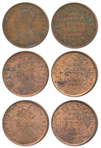 Victoria Empress, Copper ¼ Anna (3), 1899, Calcutta Mint, (Prid 632); 1900, Calcutta Mint,