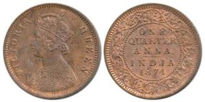 Victoria Queen, Copper ¼ Anna, 1874, Calcutta Mint, (Prid 608). Uncirculated, Rare.
