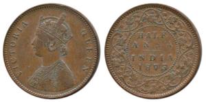 Victoria Queen, Copper ½ Anna, 1875, Calcutta Mint, (Prid 583). Very Fine+, Extremely Rare
