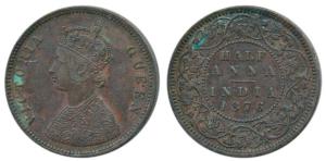 Victoria Queen, Copper ½ Anna, 1876, Calcutta Mint, Bust B, 4 panels to the jabot with tin