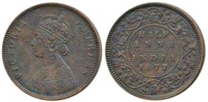 Victoria Empress, Copper ½ Anna, 1877, Calcutta Mint, Bust C, 4¾th panels to the jabot wit