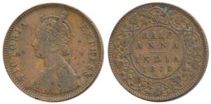 Victoria Empress, Copper ½ Anna, 1877, Bombay Mint, Bust B, 4 panels to the jabot with tin