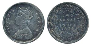 Victoria Queen, Silver 2 Annas, 1874, Bombay Mint, A / I / dot, Unlisted in Pridmore, (SW 