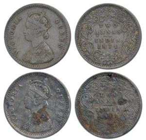 Victoria Queen, Silver 2 Annas (2), 1874, Bombay Mint, A / I / No mint mark, (Prid 516). V