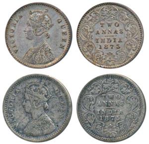 Victoria Queen, Silver 2 Annas (2), 1875, Calcutta Mint, A / I / No mint mark, (Prid 489);