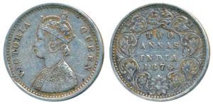 Victoria Queen, Silver 2 Annas, 1876, Bombay Mint, A / I / No mint mark, (Prid 518). Very 