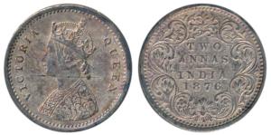 Victoria Queen, Silver 2 Annas, 1876, Bombay Mint, A / I / No mint mark, (Prid 518). Very 