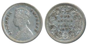 Victoria Empress, Silver 2 Annas, 1877, Bombay Mint, B / II / dot in top flower, Unlisted 