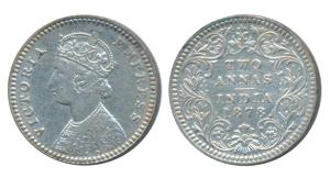 Victoria Empress, Silver 2 Annas, 1878, Calcutta Mint, B / II / No mint mark, (Prid 493). 