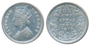 Victoria Empress, Silver 2 Annas, 1879, Calcutta Mint, B / II / C incuse, (Prid 494). Very