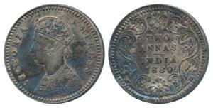 Victoria Empress, Silver 2 Annas, 1880, Calcutta Mint, B / II / C incuse, (Prid 495). Very