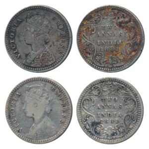 Victoria Empress, Silver 2 Annas (2), 1881, Calcutta Mint, B / II / C incuse, (Prid 496); 
