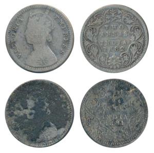 Victoria Empress, Silver 2 Annas (2), 1881, Bombay Mint, A / II / dot, (Prid 523); 1882, B