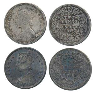 Victoria Empress, Silver 2 Annas (2), 1882, Calcutta Mint, B / II / C incuse, (Prid 497); 
