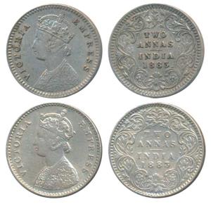Victoria Empress, Silver 2 Annas (2), 1883, Calcutta Mint, B / II / C incuse, (Prid 498); 