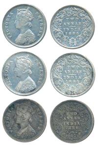 Victoria Empress, Silver 2 Annas (3), 1884, Calcutta Mint, B / II / C incuse, (Prid 499); 