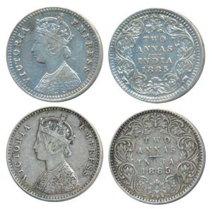 Victoria Empress, Silver 2 Annas (2), 1885, Calcutta Mint, B / II / C incuse, (Prid 500); 