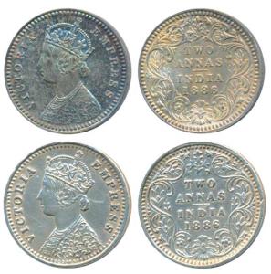 Victoria Empress, Silver 2 Annas (2), 1886, Calcutta Mint, B / II / C incuse, (Prid 501); 