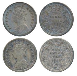 Victoria Empress, Silver 2 Annas (2), 1888, Calcutta Mint, B / II / No mint mark, (Prid 50