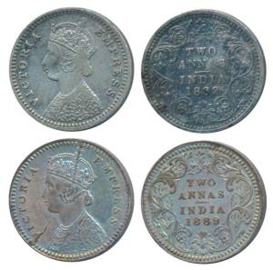 Victoria Empress, Silver 2 Annas (2), 1889, Calcutta Mint, B / II / C incuse, (Prid 504); 
