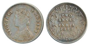 Victoria Empress, Silver 2 Annas, 1890, Bombay Mint, B /II / No mint mark, (Prid 543). Ver